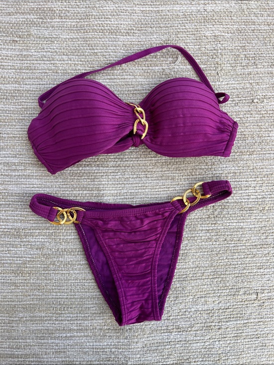 Lua Morena Other - Lua Morena Purple Ribbed Bandeau Bikini Set with Gold Brass Ring Accents -Small